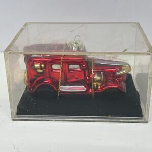 Hand Blown and Painted Red Glass Fire Truck Ornament
